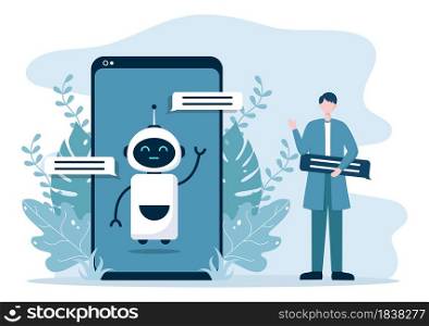 Robot Virtual Assistance or Chatbot Background Vector illustration. People smartphone conversation with Online technical support and Messaging