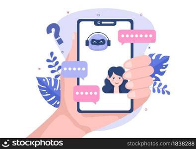 Robot Virtual Assistance or Chatbot Background Vector illustration. People smartphone conversation with Online technical support and Messaging