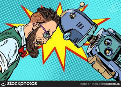 Robot vs human, humanity and technology. Pop art retro vector vintage illustrations. Robot vs human, humanity and technology