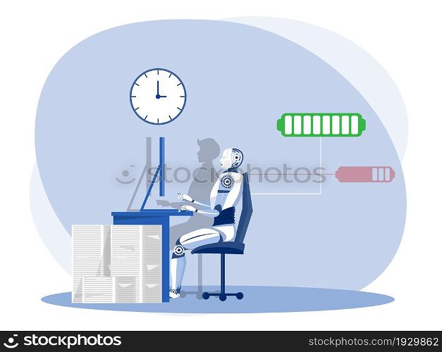 Robot vs man.Robot superiority machine working a lot faster than businessman from compare , flat vector illustration