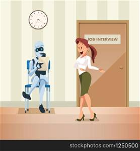 Robot Wait for Job Interview at Door in Corridor. Artificial Intelligence on Chair Hold Resume. Modern Technology in Office. HR Woman Invite Bot Candidate for Work. Flat Cartoon Vector Illustration. Robot Wait for Job Interview at Door in Corridor