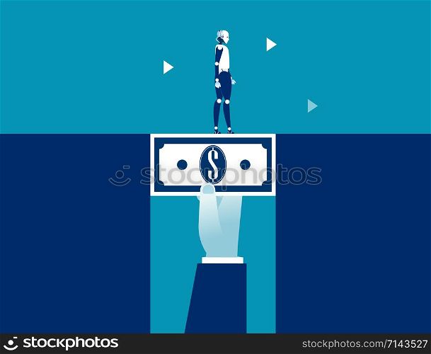 Robot walking across dollar money bridging the gap. Concept business vector illustration.