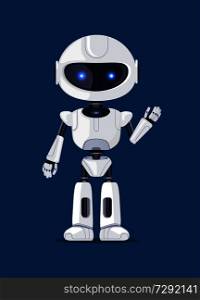 Robot waving and greeting someone, artificial creature, made up of metal and plastic, robotic object with shining blue eyes vector illustration. Robot Waving and Greeting Vector Illustration