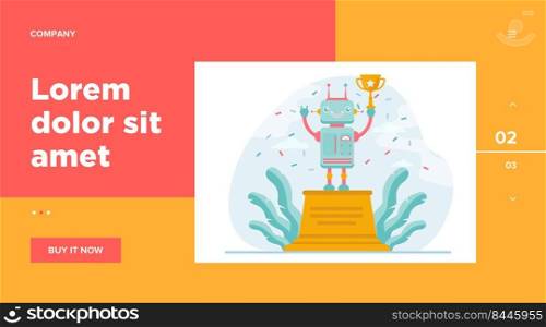 Robot winning golden cup. Award, celebration, cyborg flat vector illustration. Technology and contest concept for banner, website design or landing web page
