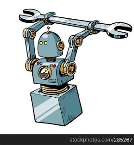 robot with a wrench. Pop art retro vector illustration kitsch vintage. robot with a wrench
