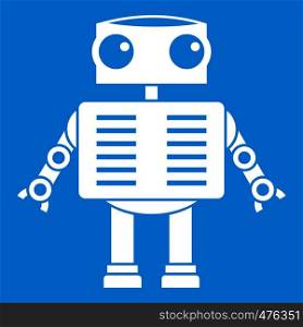 Robot with big eyes icon white isolated on blue background vector illustration. Robot with big eyes icon white