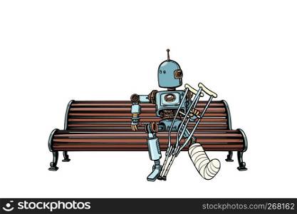 Robot with broken leg in plaster, rest in the Park. Pop art retro vector illustration kitsch vintage. Robot with broken leg in plaster, rest in the Park