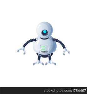 Robot with flexible legs and arms with grabs isolated futuristic humanoid or cyborg. Vector cyber space android with round head and display on body, mechanical plastic or metal kids toy robotic loader. Modern robot with flexible legs and arms, cyborg