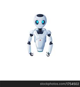 Robot with hands and without legs isolated cartoon character with flexible arms. Vector artificial intelligence bot white tiny robot on suction cup. Futuristic electronic humanoid, android automaton. Electronic humanoid isolated robot without legs