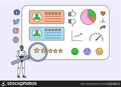 Robot with magnifying glass work for social media optimization. AI humanoid or digital assistant with magnifier rate and give feedback. Search engine, SEO. Vector illustration. . Robot with magnifier for search optimization