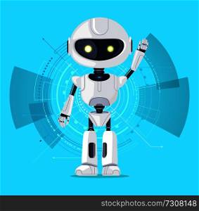 Robot with raised arm and interface consisting of lines and circles, azure poster with robotic creature and screen, isolated on vector illustration. Robot and Interface Azure Vector Illustration
