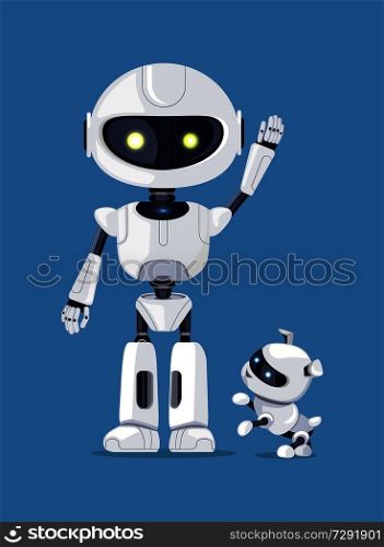 Robot with raised arm, waving robotic creature, standing beside friendly dog ready to play, vector illustration, isolated on blue background. Robot with Raised Arm and Dog Vector Illustration