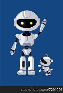Robot with raised arm, waving robotic creature, standing beside friendly dog ready to play, vector illustration, isolated on blue background. Robot with Raised Arm and Dog Vector Illustration