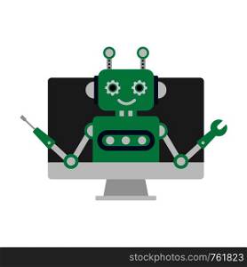 Robot with screwdriver and wrench on a white background. Cartoon style. Vector illustration.