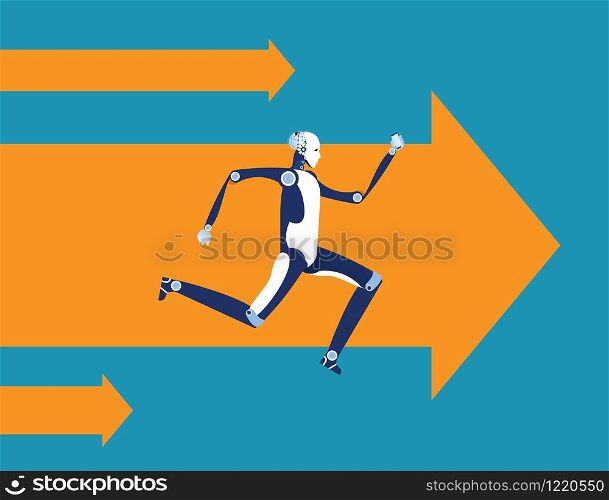 Robot with smartphone, running forward. Concept business technology vector illustration.
