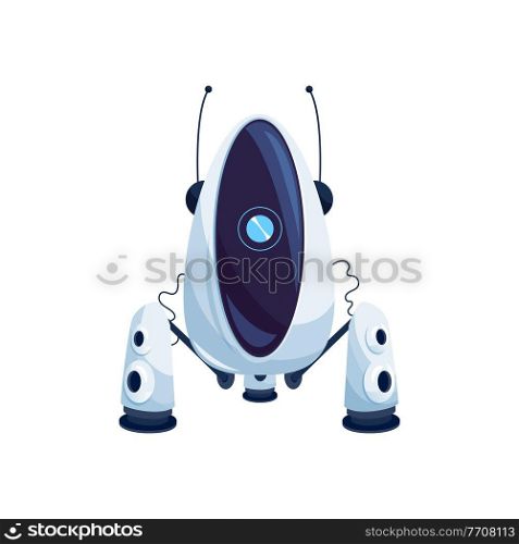 Robot with suction isolated sci-fi white android, sophisticated machine with antennas and camera. Vector modern technologies character, artificial intelligence android with digital interface. Ai robot antennas, suctions, sophisticated machine