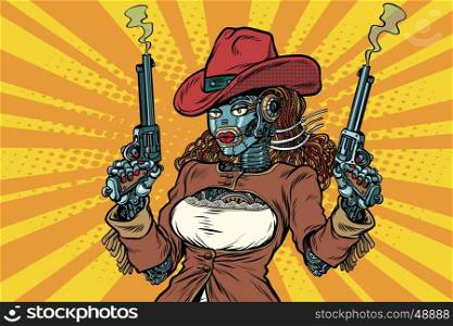 Robot woman gangster steampunk wild West, pop art retro vector illustration. Western style. Science fiction