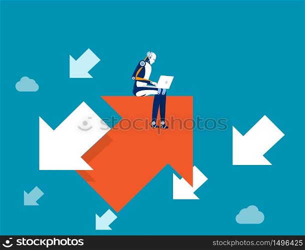 Robot working growth direction. Concept business vector illustration, Leader, Arrows, Reverse trend.. Robot working growth direction. Concept business vector illustration, Leader, Arrows, Reverse trend.