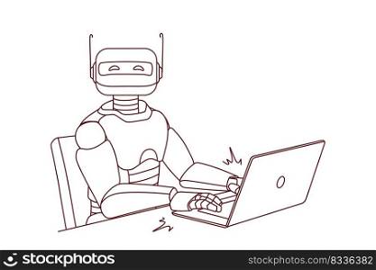 Robot working on computer in office. Modern humanoid typing on laptop. Artificial intelligence concept. Robotic assistant at workplace. Vector illustration. . Robot working on laptop at desk 