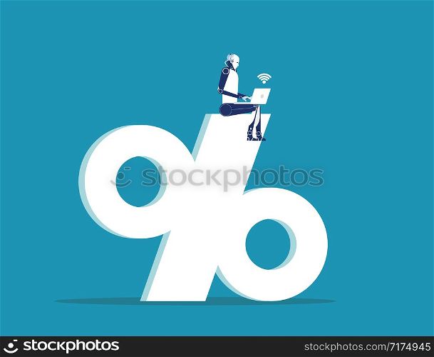 Robot working on the large percentage sign. Concept business success vector illustration. Flat design style.