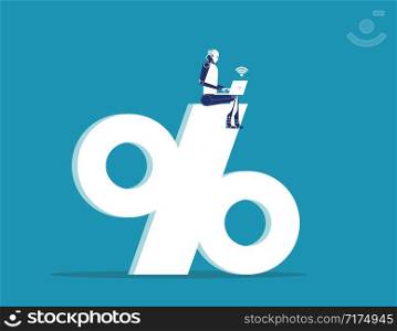 Robot working on the large percentage sign. Concept business success vector illustration. Flat design style.