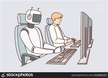 Robot works on computer and among people for concept of introducing artificial intelligence AI in business. Robot and man work together to efficiently perform user consultation or programming tasks.. Robot works on computer and among people for concept introducing artificial intelligence in business