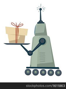 Robotic appliance delivering package, isolated robot humanoid with carton box. Present gift delivery. Autonomous device for transportation of parcels to clients, orders to customers vector in flat. Robot delivering parcel or present, automated service icon