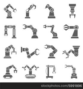 Robotic Arm Black Icons Set. Various robotic arms to manipulate objects at a distance black icons collection abstract isolated vector illustration