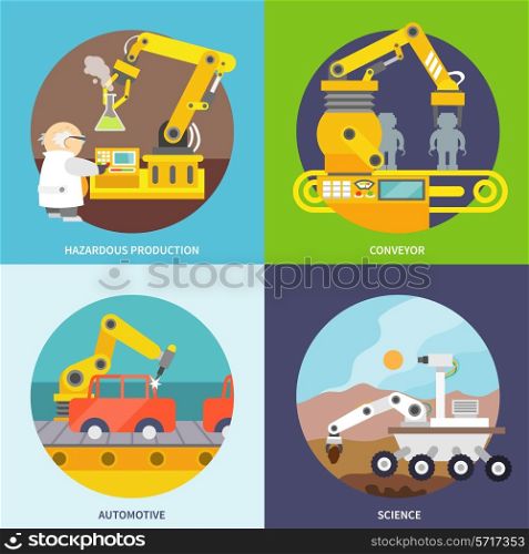 Robotic arm flat icons set with hazardous production conveyor automotive science isolated vector illustration