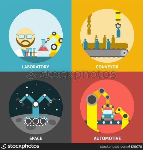 Robotic arm flat set. Robotic arm design concept set with laboratory space and automotive conveyor flat icons isolated vector illustration