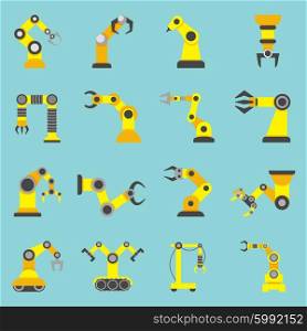 Robotic Arm Flat Yellow Icons Set. Remotely controlled robotic arms samples in automation industry yellow flat icons collection abstract isolated vector illustration