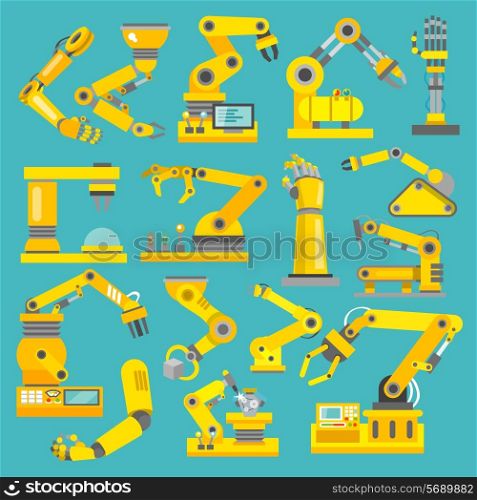 Robotic arm manufacture technology industry assembly mechanic flat decorative icons set isolated vector illustration