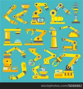 Robotic arm manufacture technology industry assembly mechanic flat decorative icons set isolated vector illustration