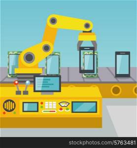 Robotic arm operator manufacturing mobile phones on factory flat vector illustration