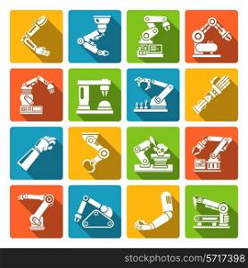 Robotic arm production engineer technology industry assembly mechanic flat icons set isolated vector illustration