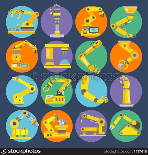 Robotic arm remote control device machine equipment flat icons set isolated vector illustration