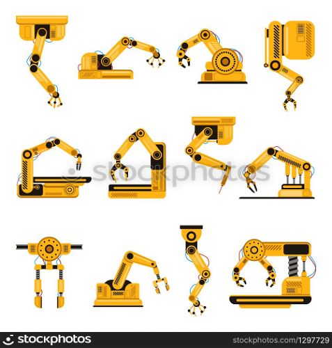 Robotic arms. Manufacturing industry mechanical robot arm, machinery technology, factory machine hands isolated vector illustration set. Mechanical robotic arm, hand engineering robot set. Robotic arms. Manufacturing industry mechanical robot arm, machinery technology, factory machine hands isolated vector illustration set