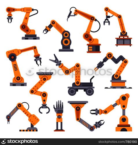Robotic arms set. Manufacturing automation technology. Industrial tools mechanical robot arm machine hydraulic equipment automotive. Factory assembly robots conveyor isolated flat design vector set. Robotic arms set. Manufacturing automation technology. Industrial robot arm machine. Factory assembly robots flat design vector set