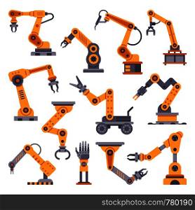 Robotic arms set. Manufacturing automation technology. Industrial tools mechanical robot arm machine hydraulic equipment automotive. Factory assembly robots conveyor isolated flat design vector set. Robotic arms set. Manufacturing automation technology. Industrial robot arm machine. Factory assembly robots flat design vector set