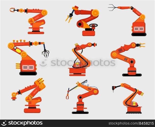 Robotic arms set. Various mechanical claws, manufacturing robots isolated on white. Vector illustration for industry, industrial equipment, robotics, automation, production concept