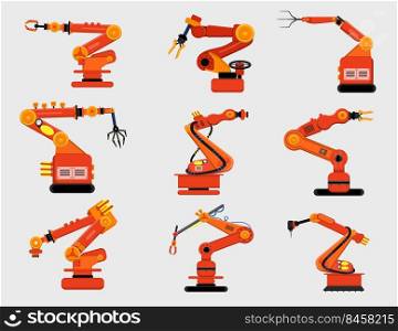 Robotic arms set. Various mechanical claws, manufacturing robots isolated on white. Vector illustration for industry, industrial equipment, robotics, automation, production concept