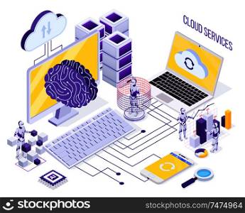 Robotic automation isometric concept with robots working with cloud services and data storage 3d vector illustration