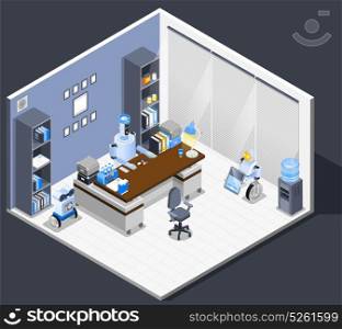 Robotic Chief Executive Composition. Robot isometric professions composition with office room interior leverage files and robotic worker sitting at table vector illustration
