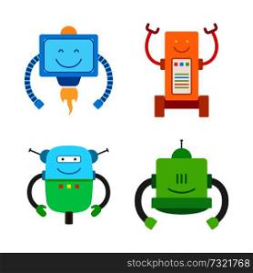 Robotic creatures collection, robots of different types and robots with long hands set, mechanism vector illustration, isolated on white background. Robotic Creatures Collection Vector Illustration