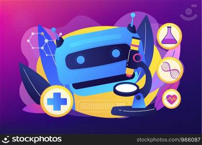 Robotic doctor, artificial intelligence in pharmacy. AI in healthcare, AI drug discovery, AI diagnosis system, medicine of the future concept. Bright vibrant violet vector isolated illustration. AI use in healthcare concept vector illustration