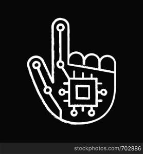 Robotic hand chalk icon. NFC or RFID implant. Digital hand. Microchip implant. Isolated vector chalkboard illustration. Robotic hand chalk icon