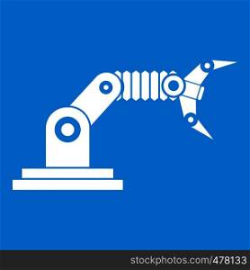 Robotic hand manipulator icon white isolated on blue background vector illustration. Robotic hand manipulator icon white