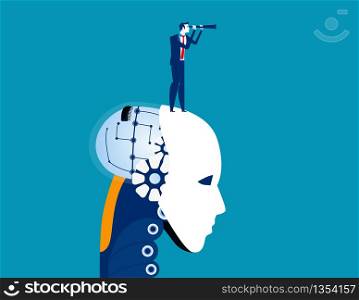 Robotic head with businessman and spyglass. Concept business technology vector illustration. Telescope, Technology, Searching.