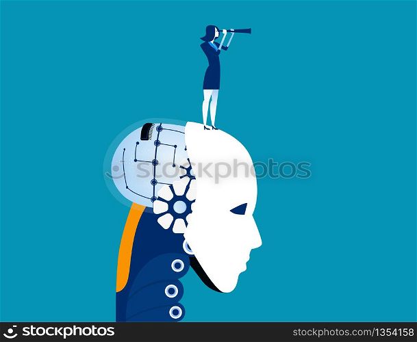 Robotic head with businesswoman and spyglass. Concept business technology vector illustration. Telescope, Technology, Searching.