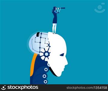 Robotic head with businesswoman and spyglass. Concept business technology vector illustration. Telescope, Technology, Searching.